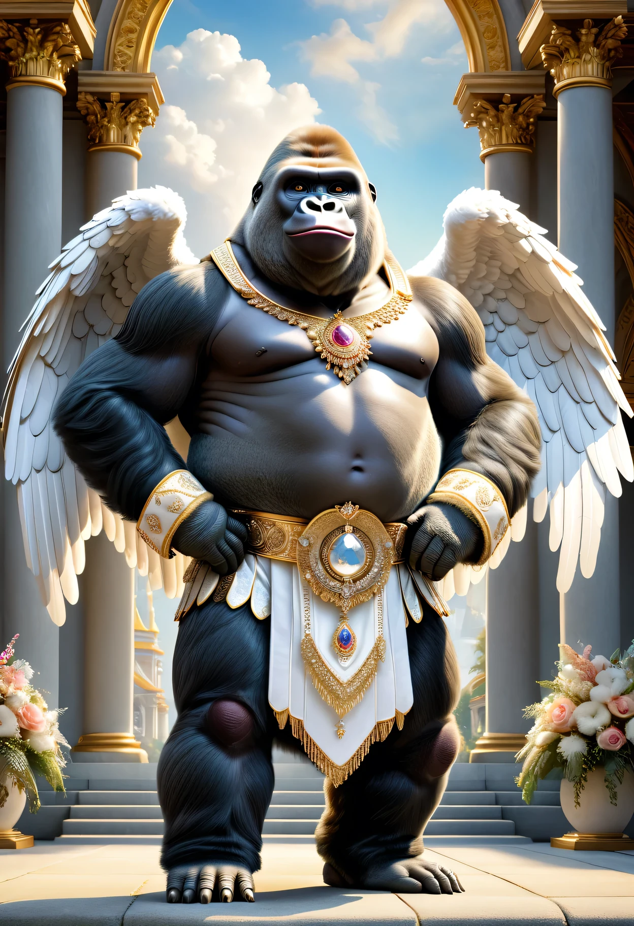  photorealistic portrait of Dressed animals-a ((fat)) ((gorilla)) angel,(furry), (elegant pose:1.5), (hands on hips:1.5),(smile:1.5),high quality,(angel wings),(lovely) ,intricate details, Wearing angel clothes , (angel's ring above head), highly detailed ((angel wings)) ,highly detailed decorations of clothes, angel boots , (happy), soft lighting,(full body image:2.0),holy temple background,clouds,score_9, score_8_up, score_7_up, score_6_up, score_5_up, score_4_up,