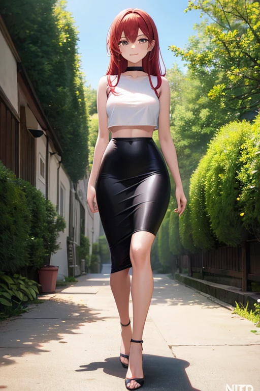 1girl, woman, bra, red crop top, midriff, tight midi pencil skirt black, long length pencil skirt, long hair, full body, walking, looking at viewer, smiling, garden, summer