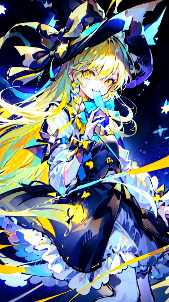 (Best image quality), blonde_hair, length_hair, Have, witch_Have, bow, yellow_eye, Braiding, single_Braiding, Have_bow, smile, hair_bow, white_bow, 前hair, black_hat, (Highly detailed CG Unity 16k wallpaper:1.1), Night Sky,(shooting star)