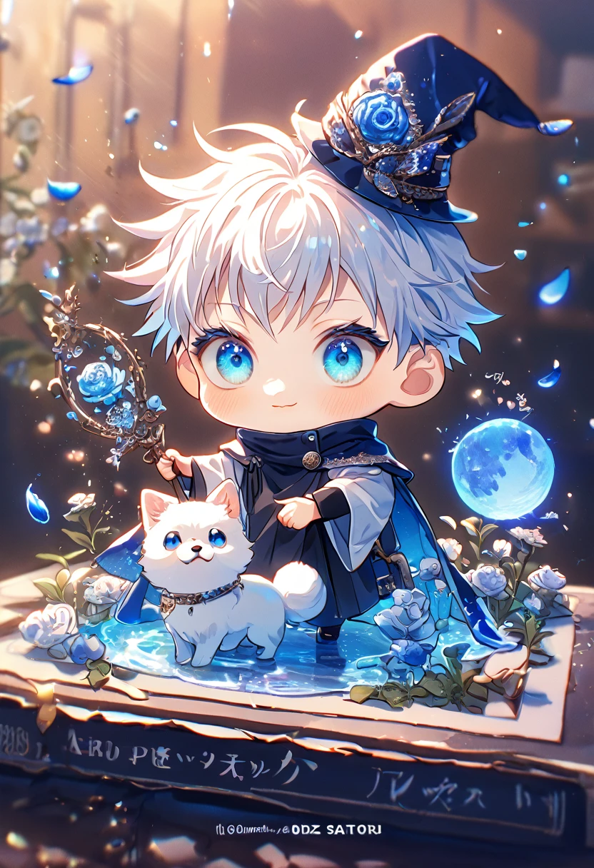 absurdres, highres, ultra detailed, HDR, master piece, Gojou Satoru chibi, white hair, expressive blue eyes, white eyelashes, small dog, white dog, expressive blue eyes, Jujutsu Kaisen, magical hat, cute, best quality, blue moon, flowers, fantasy, magical, solo, water, blue shining fireflies, blue petals, cape, the word "Krozseria" is written on his shirt, glass