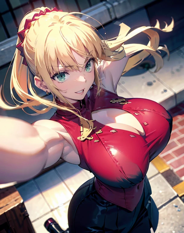 Best quality, Masterpiece, 超A high resolution, (Photorealistic:1.4), RAW photo, Best quality, Ultra-high resolution, (Photorealistic:1.4), 1girll, solo, Clover \(Totally spy\), Blonde hair, Short hair, blue eyes, red leotard, belt，posed for photo，A smile, huge tit,  Crazy swollen breasts, Fitness model，On the streets of the city