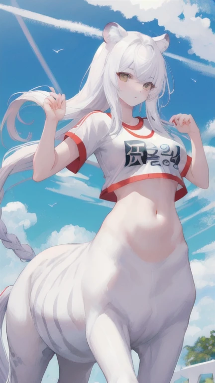 (best quality, masterpiece), 1 girl, centaur, It takes, White skin, Korean , Smiling, exposing the abdomen,Sportsbra, 아름다운 소녀 perfect white tiger photo, perfect white tiger photo