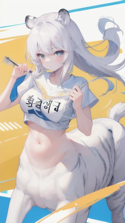 (best quality, masterpiece), 1 girl, centaur, It takes, White skin, Korean ,Athletic Competition,exposing the abdomen,belly button t-shirt, 아름다운 소녀 perfect white tiger photo, perfect white tiger photo