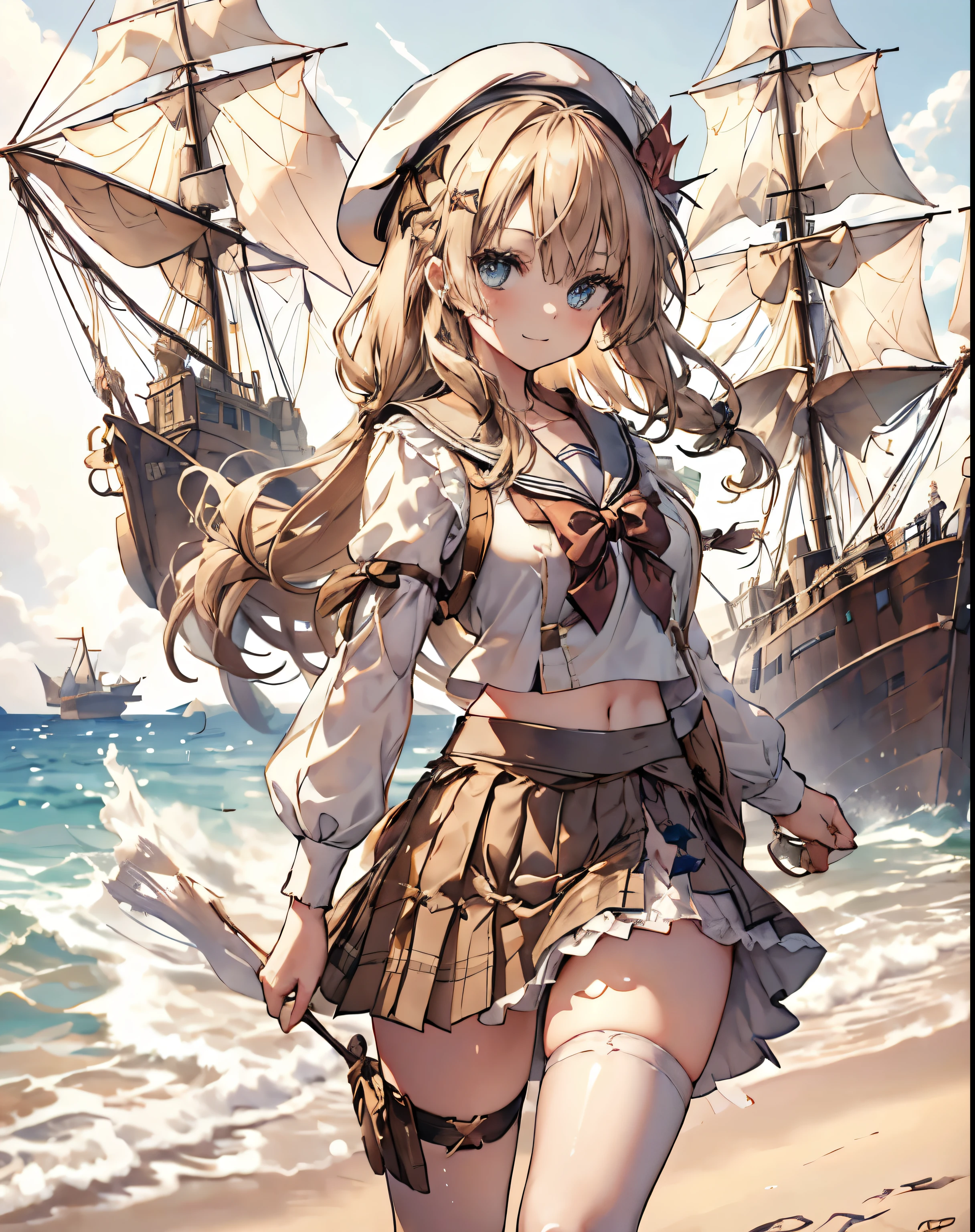 masterpiece, 1girl, sparrow, a blonde haired girl, wearing a white sailor clothes, curly long hair, messy hair, slim body, he close her left eye, shirt ornament, aqua eyes, sho show her back, ahoge, , big breast, beautiful breasts, rounded breasts, braid hair, beret, long sleeves, beautiful eyes, white stocking, droopy eyes, miniskirt, brown skirt, plaid skirt, her age is 19 years old, beret, beach, bowtie, sailor collar, pleated skirt, evil smile, round_eyewear