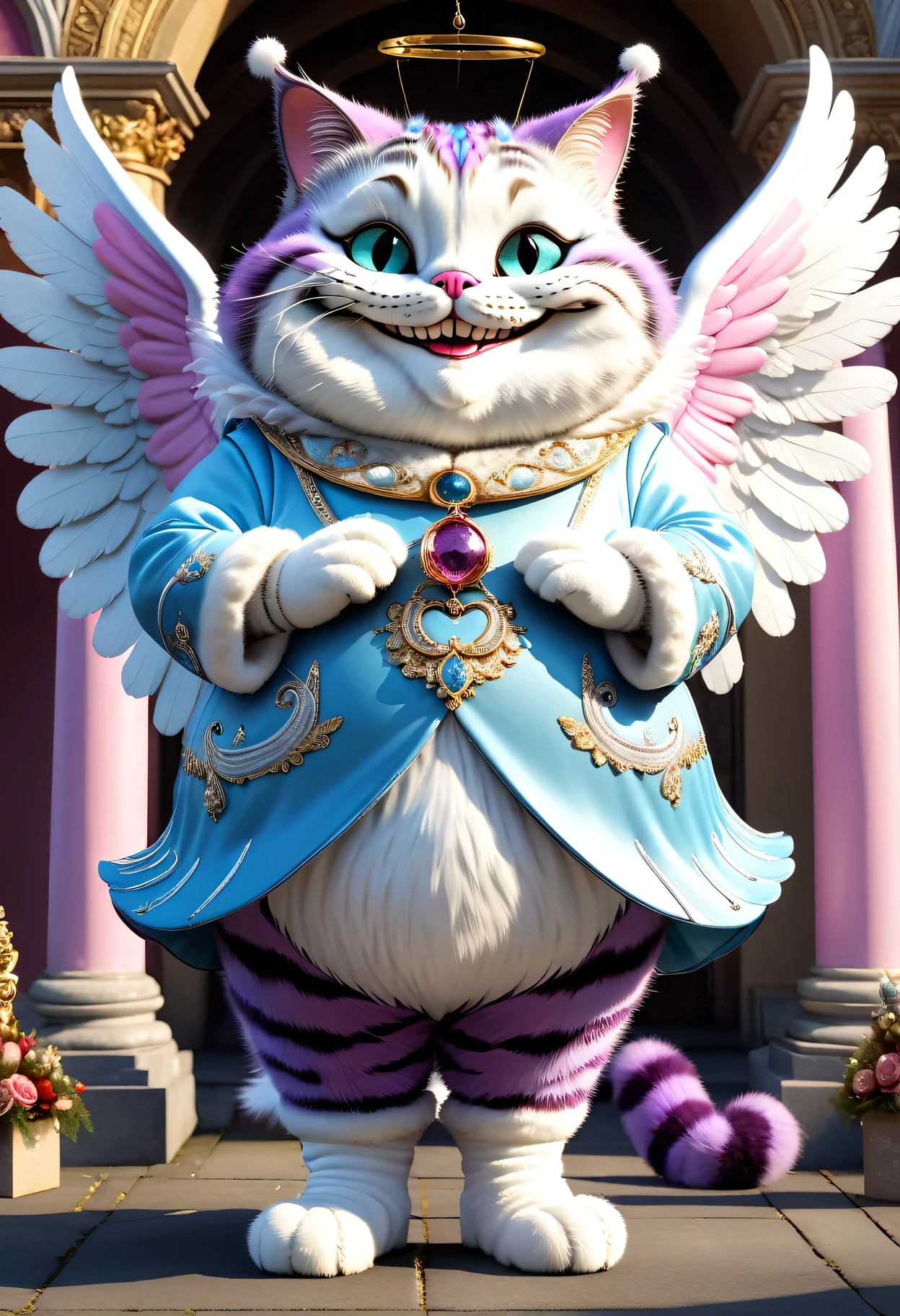 photorealistic portrait of Dressed animals-a ((fat)) ((Cheshire cat)) angel,(furry), (elegant pose:1.5), (hands on hips:1.5),(smile:1.5),high quality,(angel wings),(lovely) ,intricate details, Wearing angel clothes , (angel's ring above head), highly detailed ((angel wings)) ,highly detailed decorations of clothes, angel boots , (happy), soft lighting,(full body image:2.0),holy temple background,clouds,score_9, score_8_up, score_7_up, score_6_up, score_5_up, score_4_up,