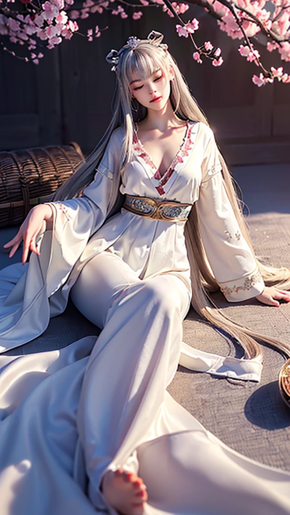 ((increased details, top quality, masterpiece detail eyes, extreme details) abstract background, cherry blossom forest (white cherry blossom sea), high-end ancient bed (lying sideways 160°), (eyes closed meditation), noble, cold, queen, (silver long hair), thin waist (perfect figure), oriental beauty, clothing (white ancient long-sleeved pajamas), dark night (starlight)
