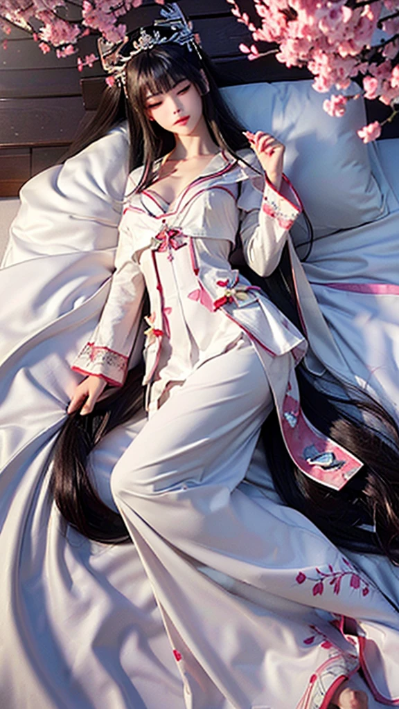((increased details, top quality, masterpiece detail eyes, extreme details) abstract background, cherry blossom forest (white cherry blossom sea), high-end ancient bed (lying sideways 160°), (eyes closed meditation), noble, cold, queen, (silver long hair), thin waist (perfect figure), oriental beauty, clothing (white ancient long-sleeved pajamas), dark night (starlight)