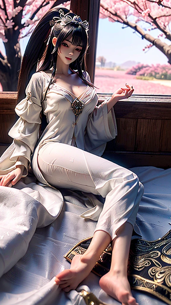 ((increased details, top quality, masterpiece detail eyes, extreme details) abstract background, cherry blossom forest (white cherry blossom sea), high-end ancient bed (lying sideways 160°), (eyes closed meditation), noble, cold, queen, (silver long hair), thin waist (perfect figure), oriental beauty, clothing (white ancient long-sleeved pajamas), dark night (starlight)