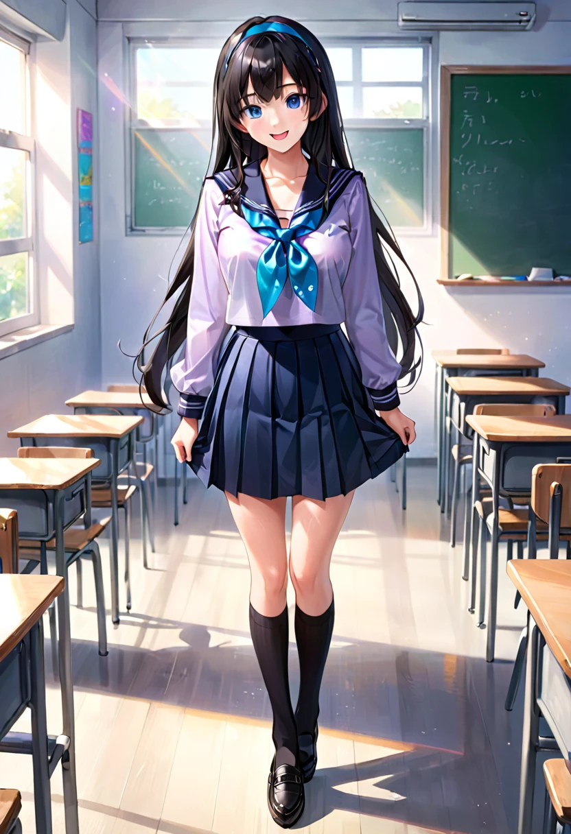 ,akiha,best quality,masterpiece, super fine illustration,1girl,solo,looking at viewer, , sailor collar, serafuku ,blue shirt, long sleeves, purple neckerchief ,blue neckerchief, black skirt, pleated skirt, black socks ,kneehighs, black footwear ,loafers, classroom ,full body,standing,arms_behind_back,smile,;d,open mouth, large breasts, , perfect face, bangs, black hair, long hair, black hairband, perfect shiny hair, blue eyes, ultra-detailed eyes, iridescent shiny eyes,