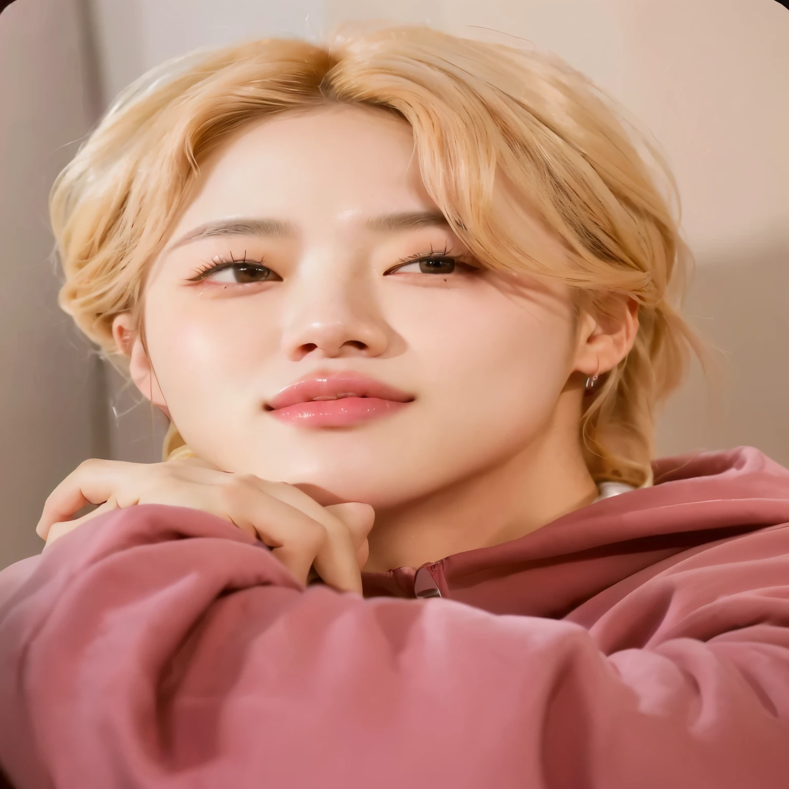 a close up of a person with a pink hoodie, jimin, park jimin, jimin\'s plump lips, accurate jimin face, jimin\'s grecian nose, jimin\'s right eyelid swollen, jung jaehyun, taejune kim, hyung tae, kim doyoung, ji-min, wan adorable korean face, portrait of kpop idol, kim hyun joo