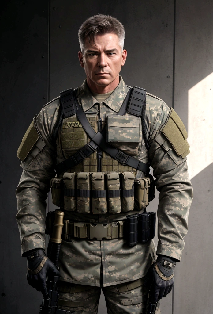 RAISE A 50 YEAR OLD MAN, military style, masculine,realisitic,4K, face shown,express face,detailded,full body shown,white male,soldier's body,body with weapons,only one person,full body shown, showing the whole body, no symbols on the chest , no emblems, Clean chest, without a helmet, clear head