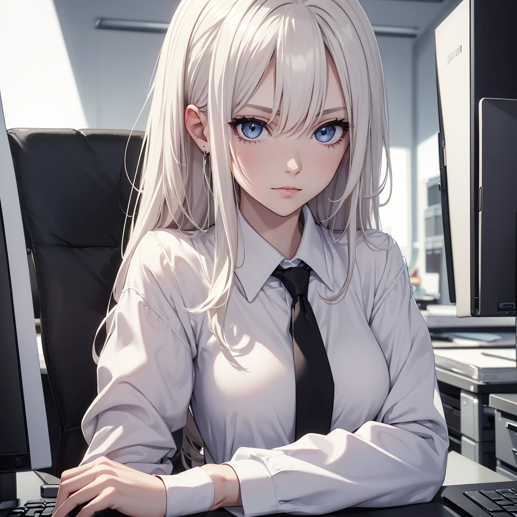 (8K, Best Quality, Masterpiece, Ultra High Resolution) 1Girl, Beautiful Eyes, Face Details, Platinum Hair, Hazel Eyes, Pale Skin, Slender, Tall, Office Attire, Blouse, Skirt, Inside Office, Best Quality, Upper Body, Looking at the Viewer, Facing Viewer, Close Up
