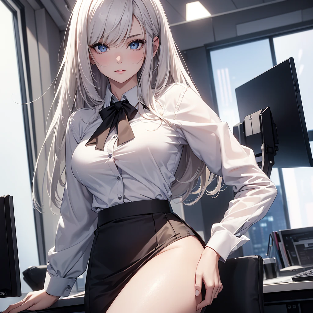 (8K, Best Quality, Masterpiece, Ultra High Resolution) 1Girl, Beautiful Eyes, Face Details, Platinum Hair, Hazel Eyes, Pale Skin, Slender, Tall, Office Attire, Blouse, Skirt, Inside Office, Best Quality, Upper Body, Looking at the Viewer, Facing Viewer, Close Up