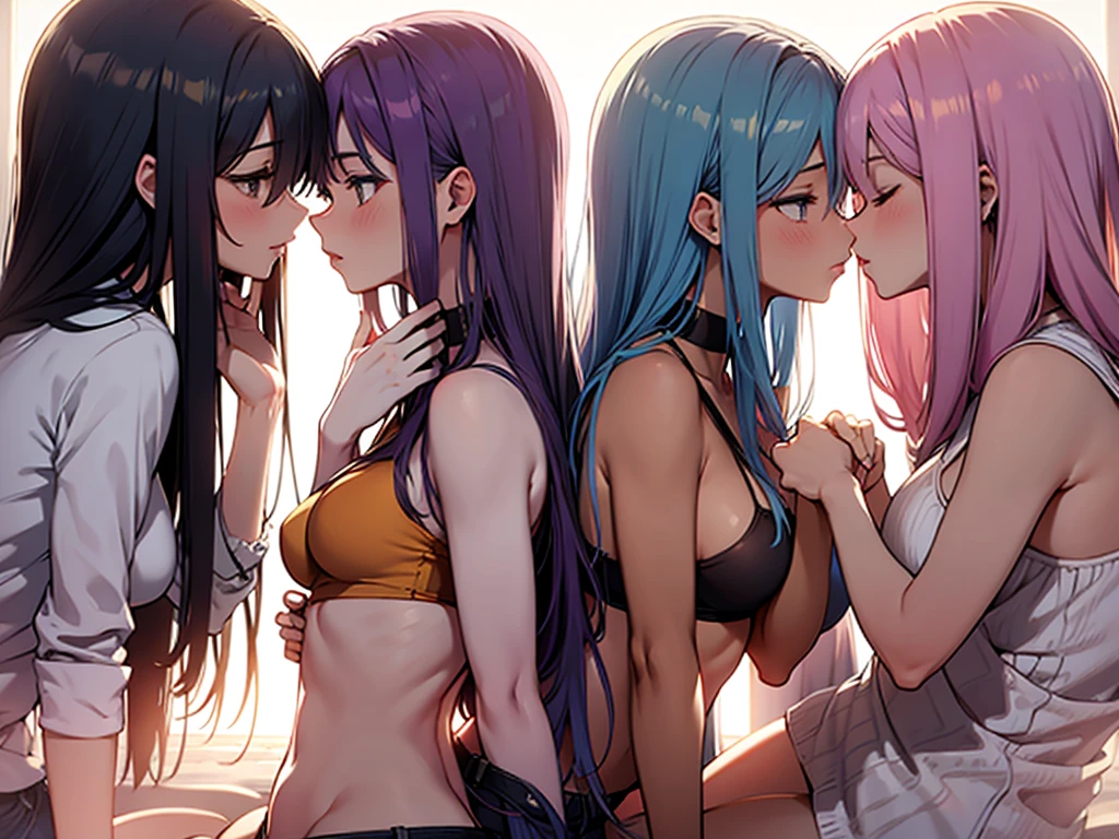 4 women, romantic kissing, kissing, touching, perfect skinny body, on knees, rainbow hair
