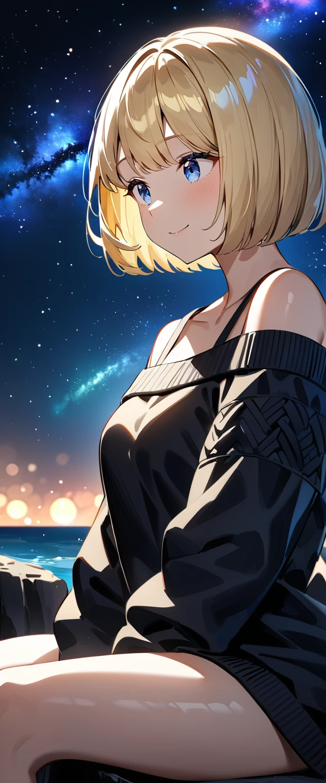 (((a beautiful starry sky, the Milky Way shining beautifully in the night))), ((bare legs)), ((Aran sweater)), ((((from side)))), upper body, ((sitting on the very high cliff)), wavy hair, inward curled hair, sea, beach, ((blond hair, bob cut:1.3)), breasts, ager, (looking at another), oversized clothes, puffy long sleeves, ((off-shoulder sweater:1.3, Quite thick shoulder straps)), ((black sweater)), collarbone, head tilt:1.3, (((blue eyes))), happy smile, (((anime style))), (best quality, 4K, 8K, highres, masterpiece:1.2, ultra-detailed, ultra-detailed eyes, HDR, uhd, studio lighting, ultra-fine painting, sharp focus, physically-based rendering, extreme detail description, professional, vivid colors, bokeh)