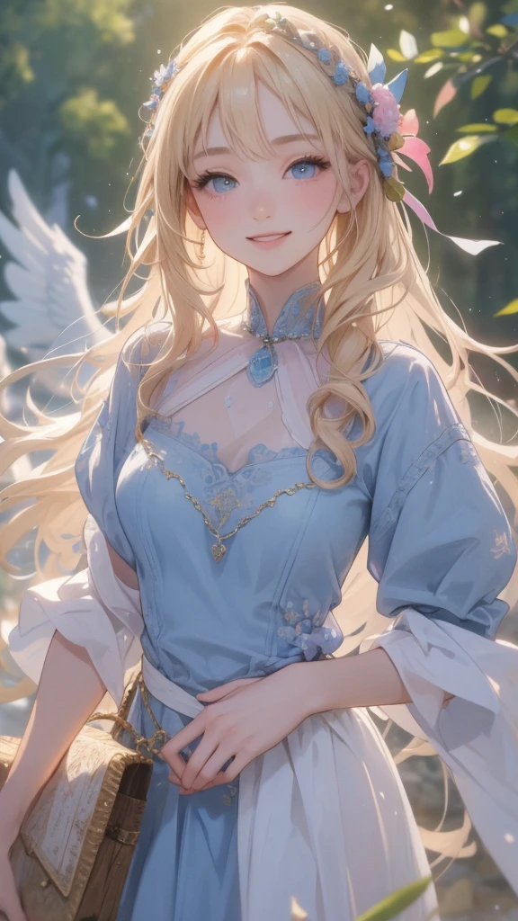 work of art, epic details, ultra detaild, best resolution, blonde, Braided hair, ( Beautiful nymph ), beautiful and robust wreath of blue and pink leaves and flowers, { olhos ultra detailds }, (( rosto angelical )), sculptural body, ( brown medieval peasant outfit ), (( perfect hands )), ((expression of happiness)), (Grinning), great smile, Simple smile, TREES, medieval scenery, medieval tavern, beautiful hairstyle, bangss