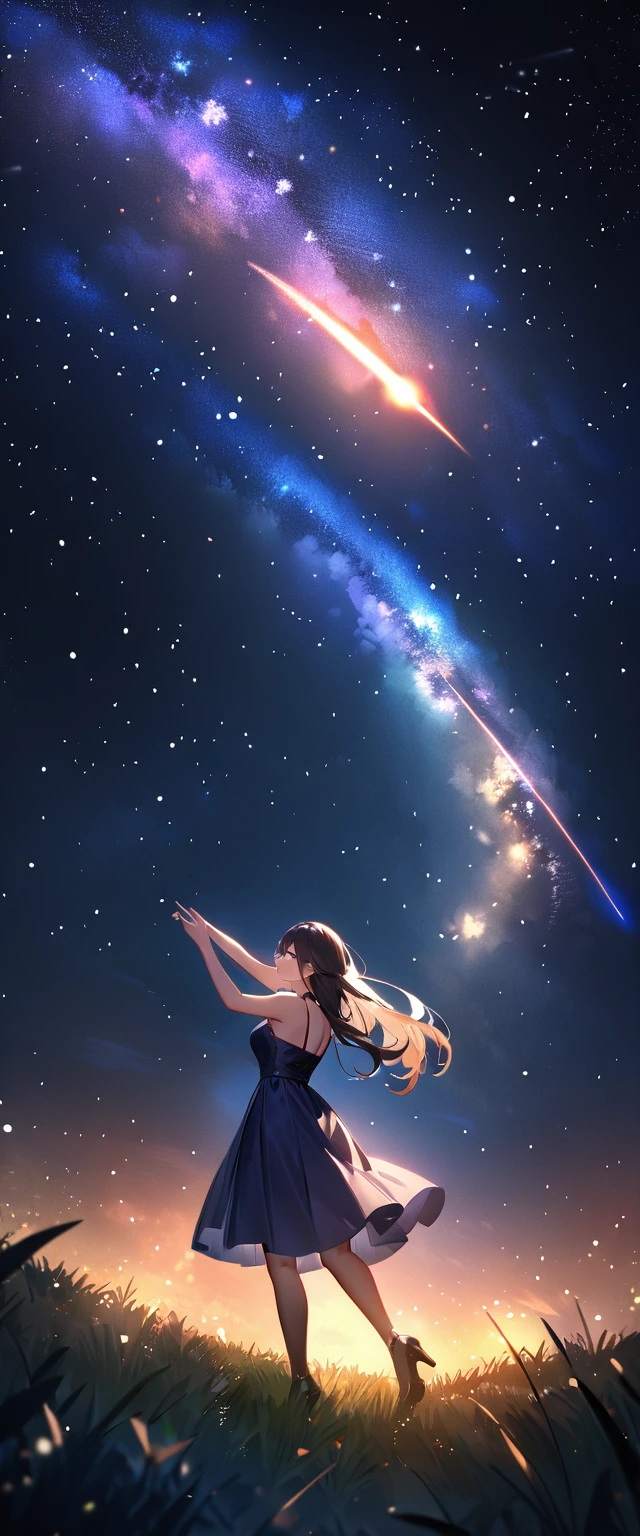 (((A meteor shower dancing in the night sky, countless stars twinkling in the clear air, a beautiful starry sky, the Milky Way shining beautifully in the night))), grass field, (best quality, 4K, 8K, highres, masterpiece:1.2, ultra-detailed, HDR, uhd, studio lighting, ultra-fine painting, sharp focus, physically-based rendering, extreme detail description, professional, vivid colors, bokeh)