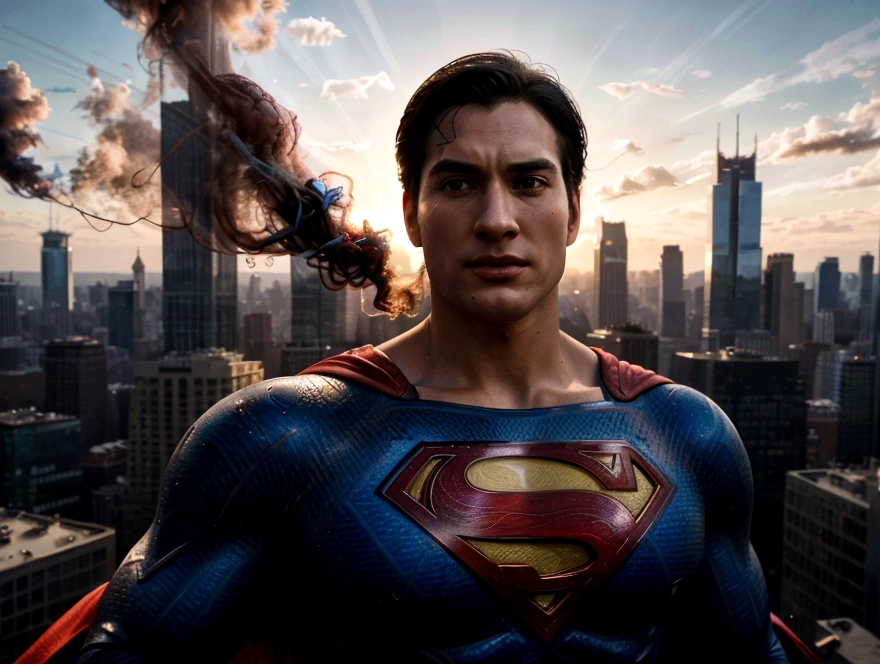 (highres, realistic:1.37), Superman flying over a bustling city, vibrant colors, detailed cityscape, detailed clouds, strong backlighting, heroic pose, cape fluttering in the wind, iconic "S" logo, tall skyscrapers, busy streets, moving vehicles, shiny glass windows, transparent buildings, futuristic architecture, people looking up in awe, dynamic composition, powerful energy radiating from Superman, intense focus on Superman's face, determined expression, confident stance, billowing smoke, realistic textures, shadows and highlights emphasizing depth, realistic city lights, dramatic sunset sky, cinematic feel, iconic superhero