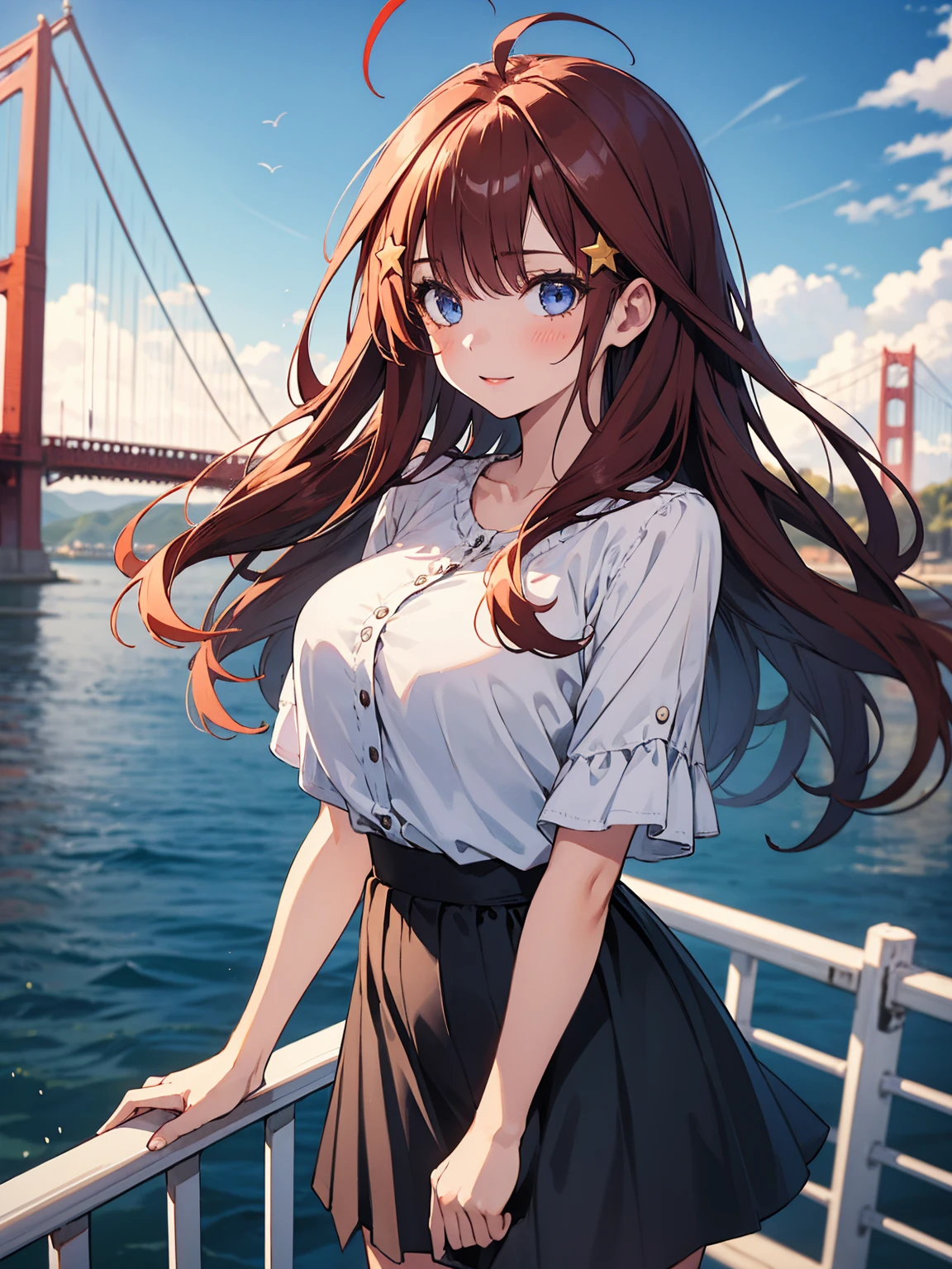Very detailed, highest quality, masterpiece, gravure body type, medium breasts, moody angle, cowboy shot,( 1girl, solo:1.5), aaitsuki, long hair, ahoge, star hair ornament,( Date, Date outfits, casual), skirt, happy, very detailed background, day, sky, The sea, the huge steel suspension bridge in the background, the Gate Bridge, wind