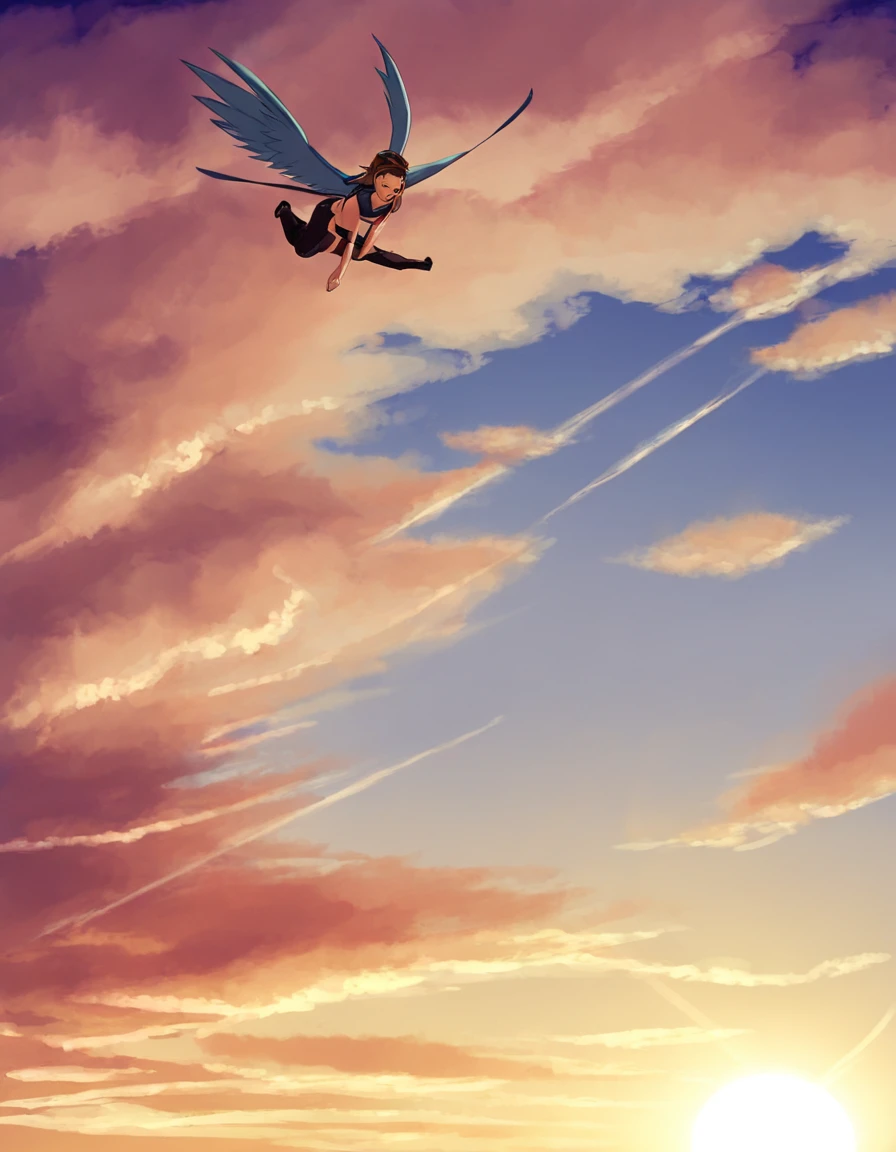 masterpiece, best quality, movie still, 1girl, cloud girl, floating in the sky, close-up, bright, happy, warm soft lighting, sunset, (sparks:0.7)