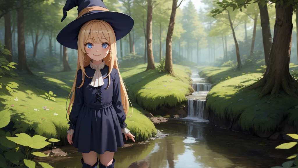 masterpiece, taller than,Very detailed, Absurd, witch, 8-year-old, girl,  alone, Blonde, Long Hair,  blue eyes, Blue Boots, Long sleeve,Have,in the forest, smile,