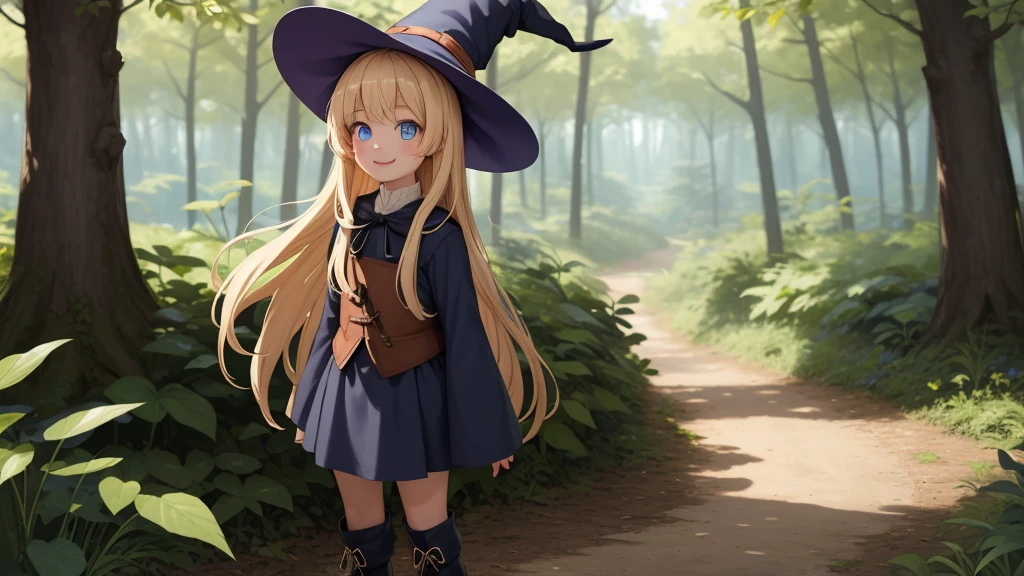 masterpiece, taller than,Very detailed, Absurd, witch, 8-year-old, girl,  alone, Blonde, Long Hair,  blue eyes, Blue Boots, Long sleeve,Have,in the forest, smile,