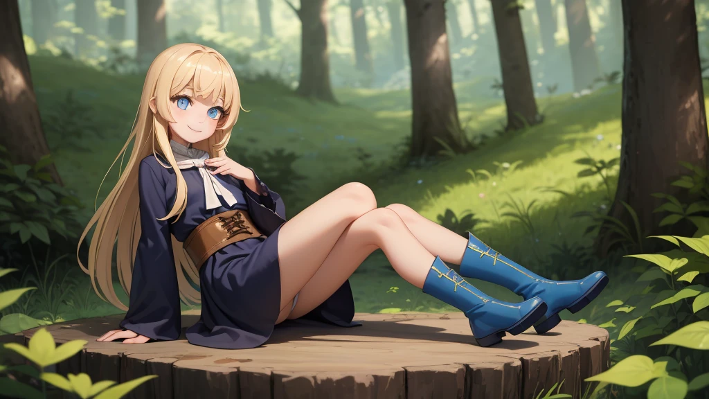 masterpiece, taller than,Very detailed, Absurd, witch, 8-year-old, girl,  alone, Blonde, Long Hair,  blue eyes, Blue Boots, Long sleeve,Have,in the forest, smile,