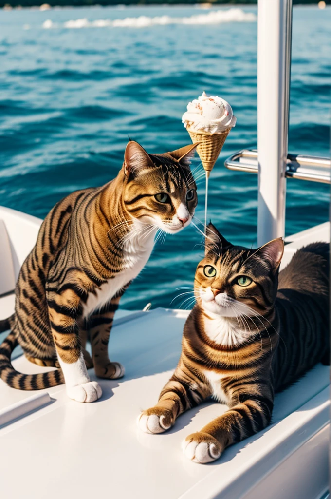 Cat eating ice cream on a boat, with glasses