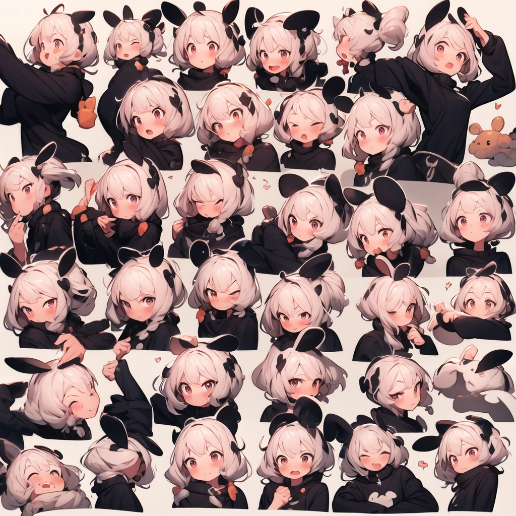 cute female ，Pink hair，Bunny ears，Emoji Pack，9 emojis，Emoticon table，Multiple poses and expressions，Anthropomorphic style，Disney style，Black stroke，Different emotions、Multiple poses and expressions
