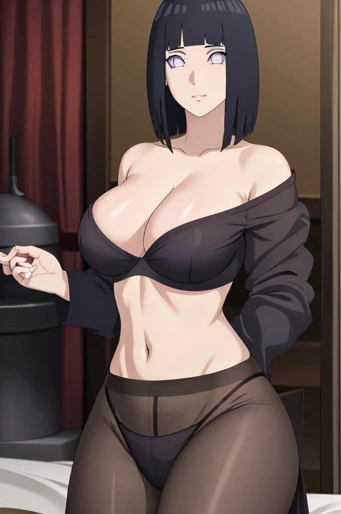 masterpiece, absurdres , (intricate details), (colorful),cinematic lighting,extremely detailed CG unity 8k wallpaper ,hinata\(boruto\), 1girl,solo, large breasts, (hinata, hyuuga hinata, purple eyes, blunt bangs, black hair) big breasts, perfect breasts, large breasts, round breasts, sexy body, slim waist, nice hips, skinny, nice thighs, black bra, cleavage, bare shoulders, collarbone, tight bra, underboob, slim waist, red bikini, hands behind head, full body shot, background, photoshoot, white backdrop, perfect eyes, glowing eyes, beautiful eyes