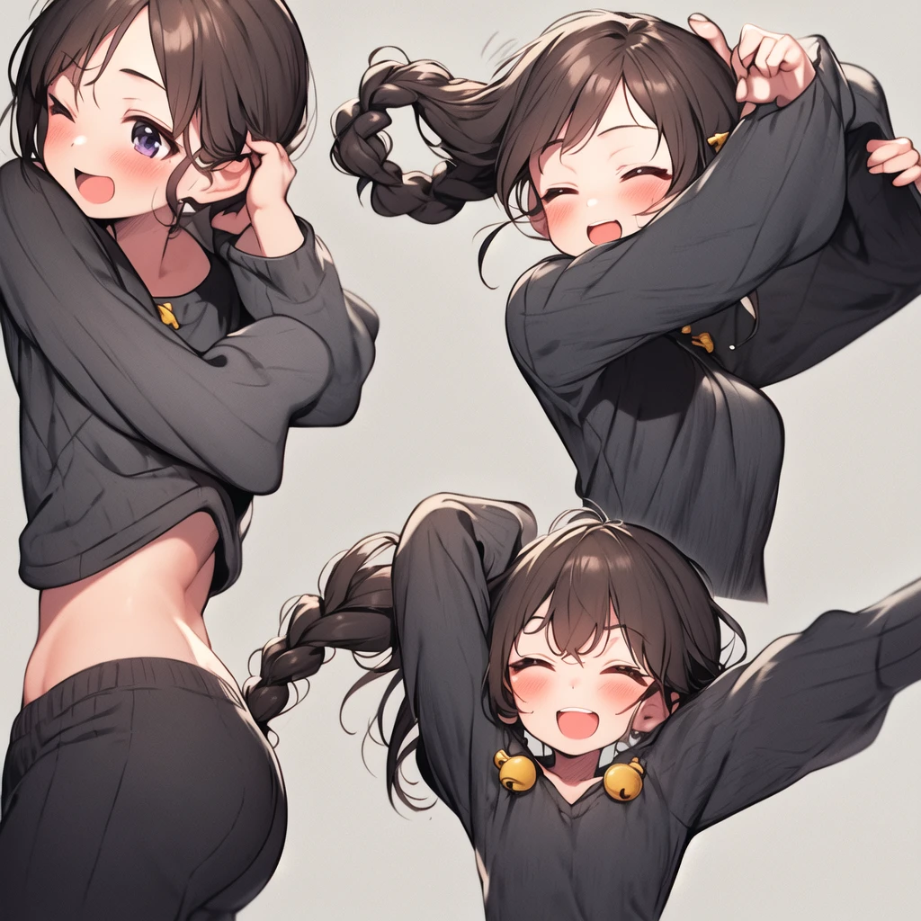 1girl, solo, blush, smile, open mouth, bangs, simple background, brown hair, shirt, hair ornament, white background, closed eyes, braid, :d, bell, ^ ^, outstretched arms, jingle bell, facing viewer, hair rings, hair bell, green shirt, spread arms