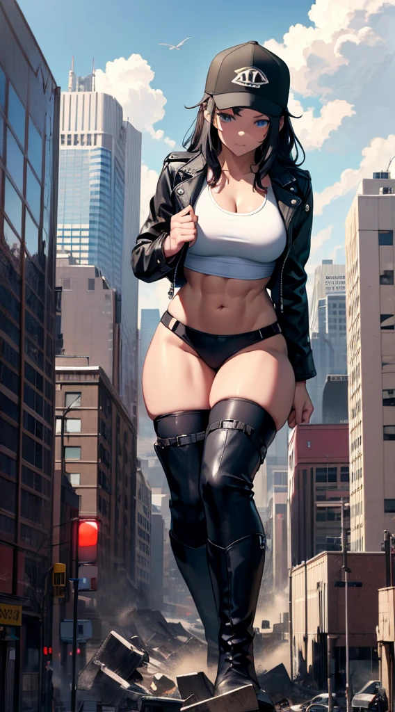 Partially Obscured,trucker hat,black hair,blue eyes,GtsGiga,Looming,Rampage,giantess art,black boots,leather jacket,white tank top,muscular, woman,solo,meduim bosom,red by clouds,Barbain,Butch woman