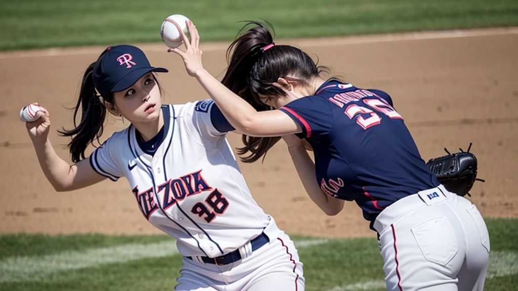 Female baseball player takes to the mound（1.5）Pitching Dynamics（1），masterpiece，Top Quality，superwide shot（1.5)（Realistically，Realistically：1.4），（RAW Photos：1.4），Very delicate CG Unity 8K wallpaper，Very delicate and beautiful，wonderful，Attention to detail，Official Art，Absurd，Incredibly ridiculous resolution，Huge file sizes，Very fine，Very sophisticated，Beautiful eyes and face，Beautiful and graceful eyes，Light on face，One person girl，Long white hair，（Pom-pom）belly button，Upper body，Baseball uniforms，He has a baseball glove on his hand， court， Bare arms， With bangs， Urzan-6500-v1.1