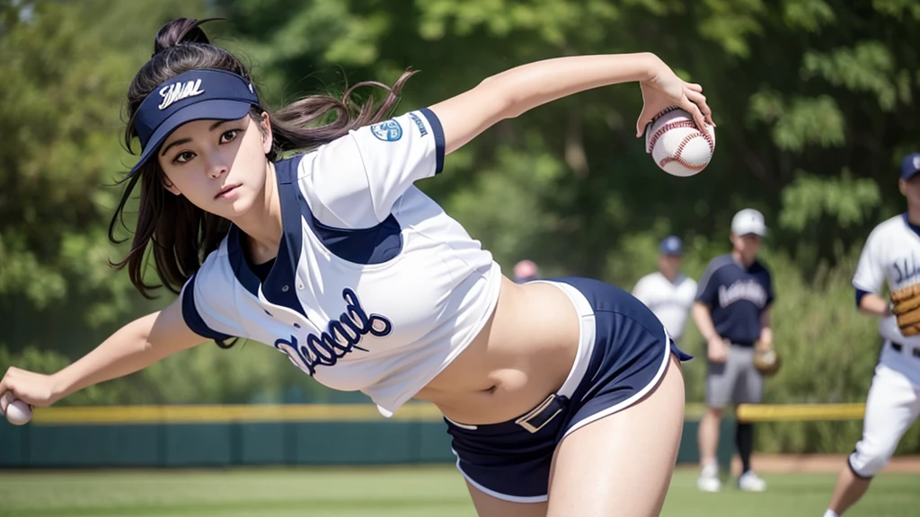 Female baseball player takes to the mound(1.5)Pitching Dynamics(1),masterpiece,Top Quality,superwide shot(1.5)(Realistically,Realistically:1.4),(RAW Photos:1.4),Very delicate CG Unity 8K wallpaper,Very delicate and beautiful,wonderful,Attention to detail,Official Art,Absurd,Incredibly ridiculous resolution,Huge file sizes,Very fine,Very sophisticated,Beautiful eyes and face,Beautiful and graceful eyes,Light on face,One person girl,Long white hair,(Pom-pom)belly button,Upper body,Baseball uniforms,He has a baseball glove on his hand, court, Bare arms, With bangs, Urzan-6500-v1.1