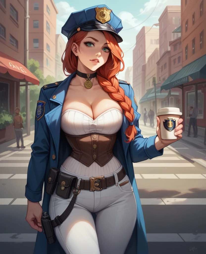 NSFW,One girl, Portrait of a beautiful donkey pex, Athletic ability, Blue jacket, White corset, skirt, White trousers, Police Medal,Holster on waist,Redhead, Braid, compensate, choker, Cleavage, Wide Hips, Volumetric lighting, Highest quality, masterpiece, Intricate details, Tone Mapping, Sharp focus, Super detailed, Trending on Art Station,Urban area, Realistic anime,cartoon,Urban area,Sideways glance,Coffee in hand,Looking at a smartphone
