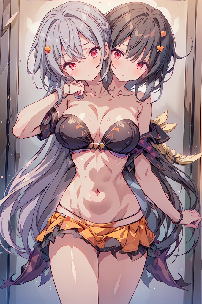 (masterpiece, best quality), best quality, (ultra-detailed), (3heads:1.5), 1girl, (seija kijin:1.3), masterpiece, best quality, ultra quality, ultra resolution, ultra detail, white top, crop top, ((stomach)), midriff, ((groin)), white skirt, frilled skirt, miniskirt, ends in gray, red, and black spade patterns, normal ears, shackles, black hair with white highlights, very long hair, wavy hair, sidelocks, red eyes, parted lips, very detailed eyes, sweat, cute, toned belly, hand on own chest, eyelashes, (24 year old woman:1.3), (masterpiece:1.5), (best quality:1.5), (beautiful detailed), extremely detailed CG, extremely delicate and beautiful, depth of field, (finely detailed face), (perfect details:1.3), (mature female:1.3), wide pelvis, slender, large veiny breast, 16k resolution, highres, high quality, high definition, extremely detailed, masterpiece, black hair with white highlights, long hair, alluring presence, twin braid, short skirt, close up, very big tits, huge , young, two small, light blue horns, nsfw, girl with three heads, three headed girl,