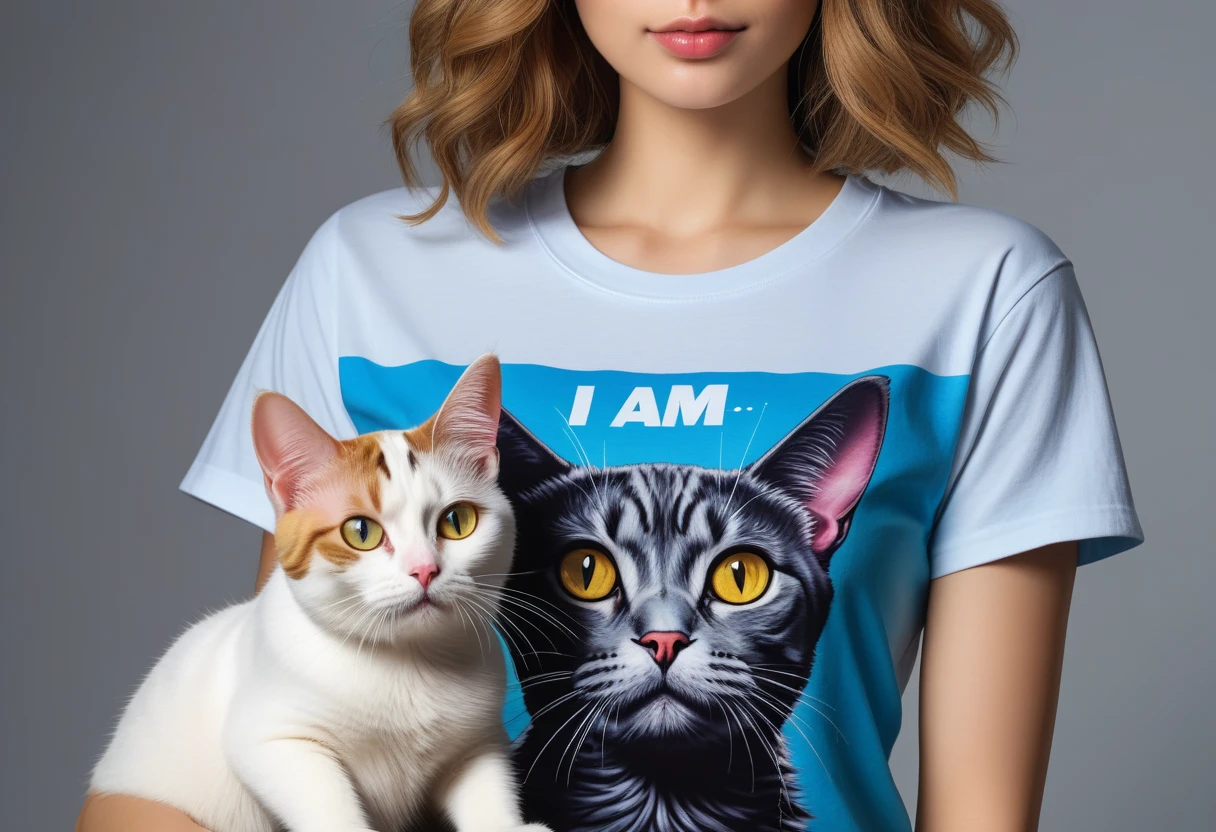 a dog wearing a t-shirt with a cat design, extremely detailed, 1 dog, dog wearing a t-shirt, cat design on t-shirt, text on t-shirt saying "I am a cat person", realistic, highly detailed, 8k, photorealistic, studio lighting, vibrant colors, sharp focus, masterpiece