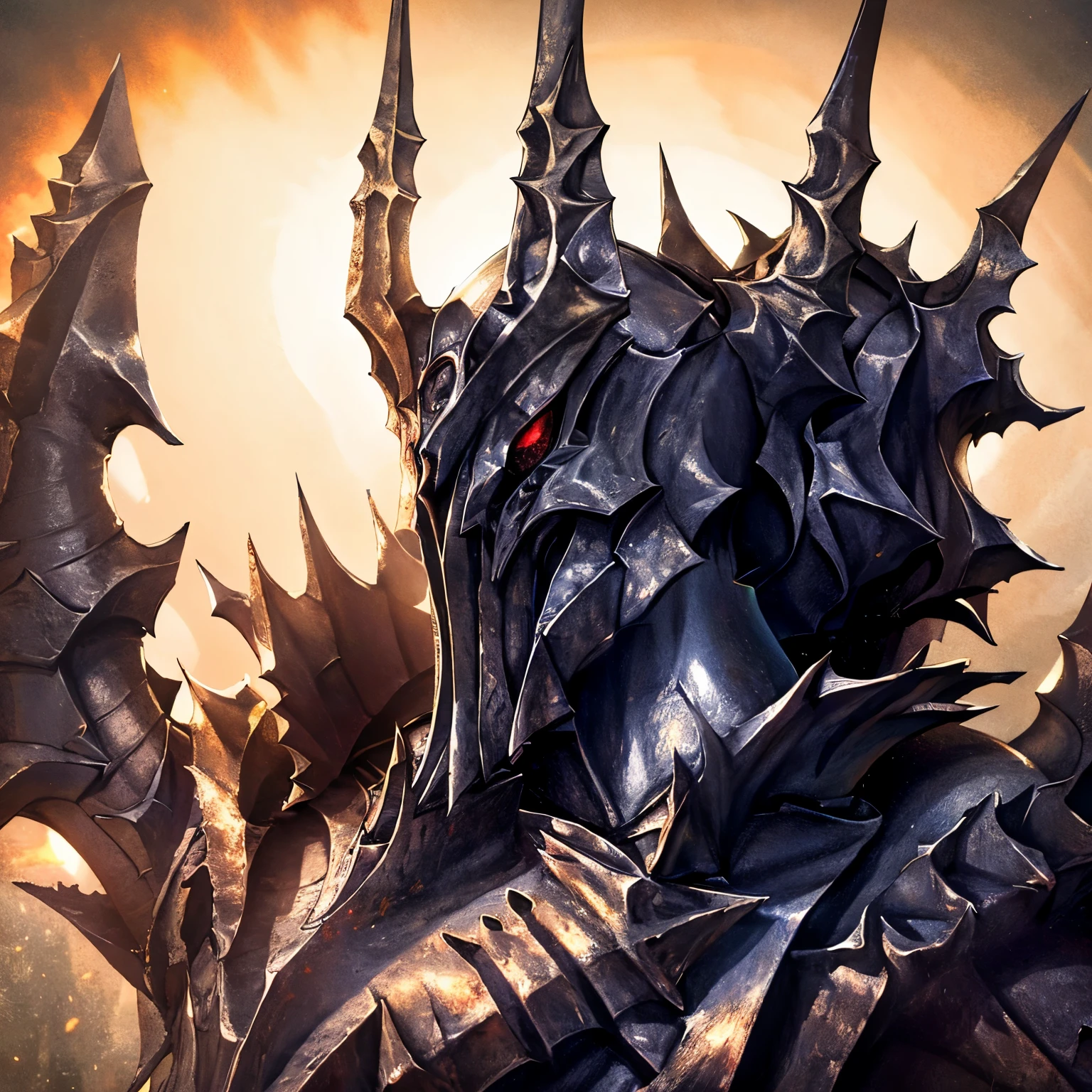 Black creepy demonic plate armor, thin body, closed helmet with crown-like spires, covered with a cloak of black doom, against the background of active volcanoes