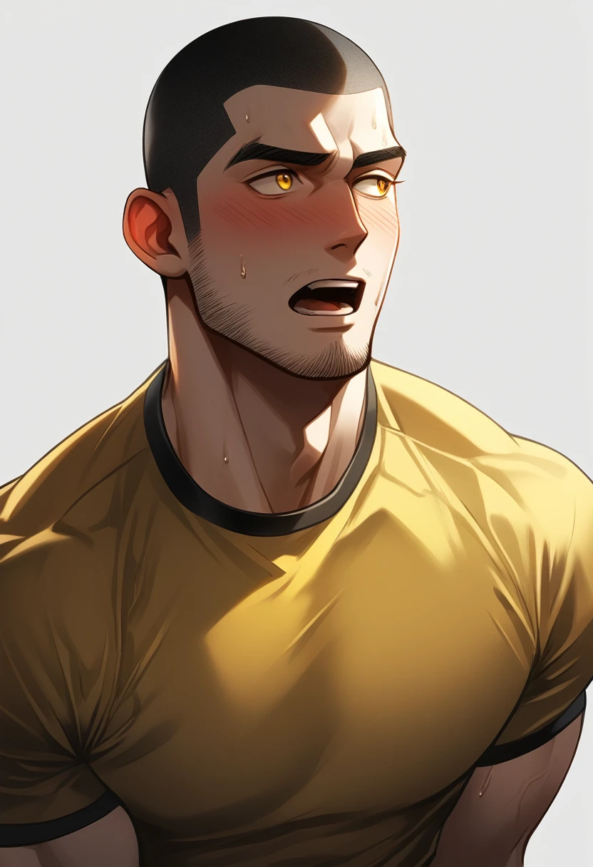 1muscular sportsman, Athlete,male focus, Buzz Cut, Yellow and black tight T-shirt, one ,Very tight, muscular male, muscular, only, Upper body, alone, look to the side, short hair, stubble, sweat, black hair, Yellow eyes, open lips, White background, simple background, amazing quality, best aesthetics, Ridiculous, crew cut, moaning, blush, clair obscur, cinematic lighting, best quality, textured skin
