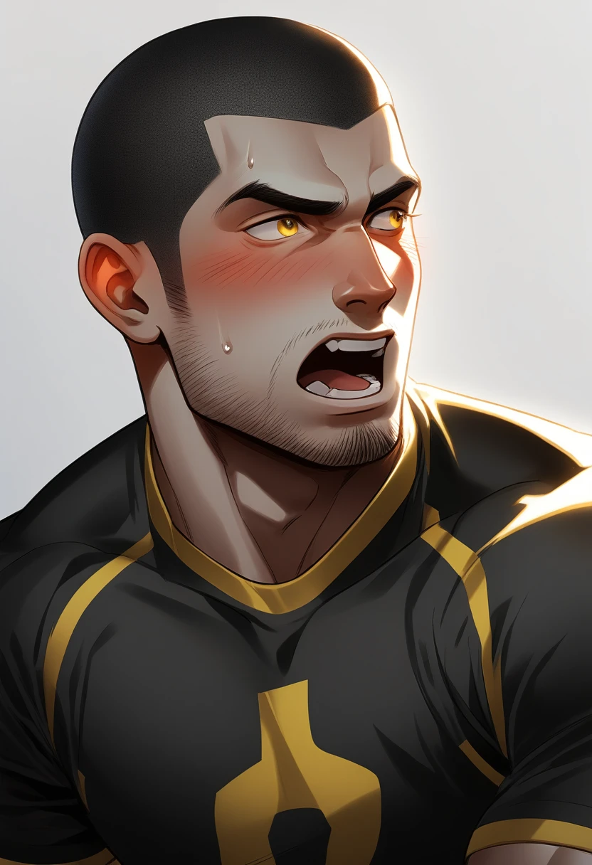 1muscular sportsman, Athlete,male focus, Buzz Cut, Yellow and black tight T-shirt, one ,Very tight, muscular male, muscular, only, Upper body, alone, look to the side, short hair, stubble, sweat, black hair, Yellow eyes, open lips, White background, simple background, amazing quality, best aesthetics, Ridiculous, crew cut, moaning, blush, clair obscur, cinematic lighting, best quality, textured skin