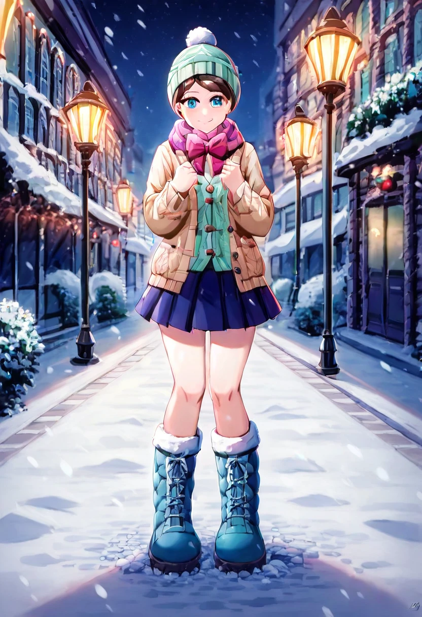 (masterpiece:1.2), best quality, highres, original, (extremely detailed:1.2), ultra-detailed, wallpaper, perfect lighting,(extremely detailed CG:1.2), 8k, anime illustration, 1girl, solo, smiling, (winter outfit:1.2), standing on the street, (knit cardigan:1.1), (bowknot on cardigan:1.25), knee-length skirt, (Ruffled hemline:1.3), winter boots, {delicate|detailed}clothes, (anatomically correct:1.34), close-up, full-body, looking at viewer, frontal, snowy street, (streetlight:1.17), city background, night, unity 4k