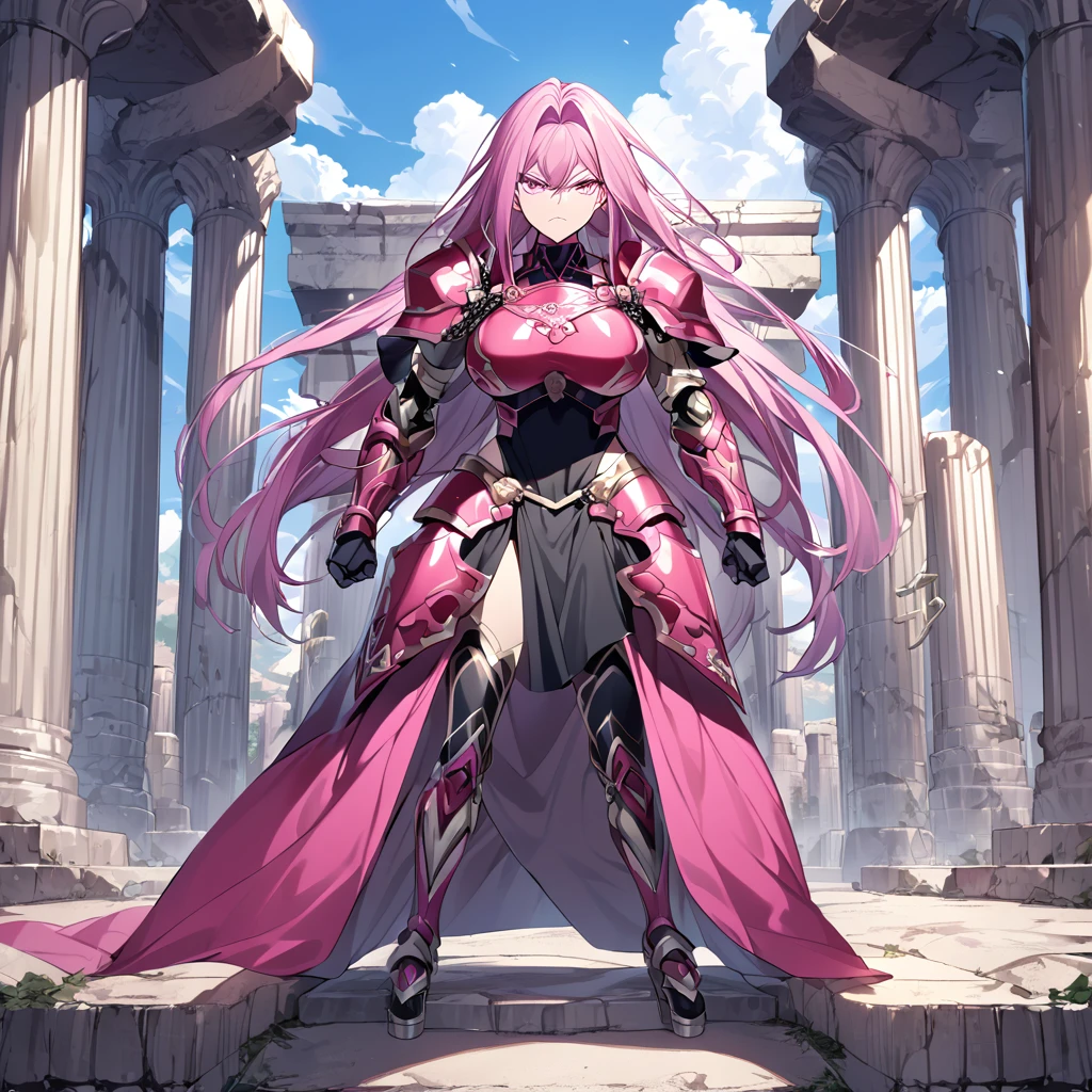 A woman wearing Andromeda Shun armor (Knight of the Zodiacs) (Saint Saiya), pink hair, long hair, pink eyes, serious face, steel chain in her hands, standing posture, hot pink armor, big breasts, on a platform concrete, ancient greece scenery, greek pillars.