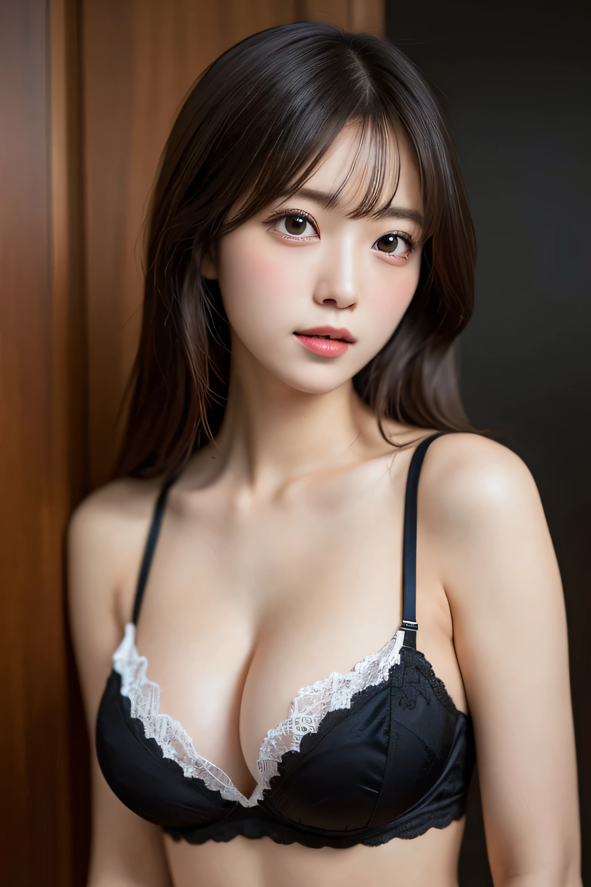 masutepiece, Best Quality, Illustration, Ultra-detailed, finedetail, hight resolution, 8K Wallpaper, Perfect dynamic composition, Beautiful detailed eyes, Natural lips, micro light black Cute Lingerie:1.5 , Big breasts:1.5, cleavage, Slim Body:1.5