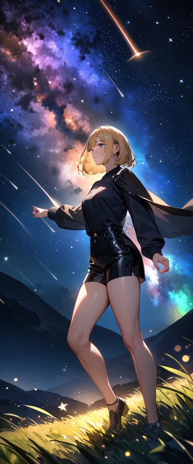 1girl, high quality, alone, looking up to the night sky, aurora borealis, wearing mini skirt, ((black crop top hoodie)), blond hair, short hair, tiny body, slender body long legs, sexy pose, from behind, from below, wide angle picture, sexy girl, black crop top hoodie, exposed panties