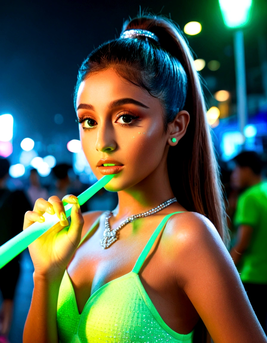 ariana grande, beautiful detailed eyes, beautiful detailed lips, extremely detailed eyes and face, long eyelashes, neon green rave outfit, Carrying green glow stick wands and wearing glowing jewelry, walking on street at night in bangkok leading people to a rave, crowded street, light rain, friendly and flirtatious expression, photorealistic, 8k, (best quality,4k,8k,highres,masterpiece:1.2),ultra-detailed,(realistic,photorealistic,photo-realistic:1.37),HDR,UHD,studio lighting,ultra-fine painting,sharp focus,physically-based rendering,extreme detail description,professional,vivid colors,bokeh (Attention: Show her from head to toe, full body shown, show all of her)