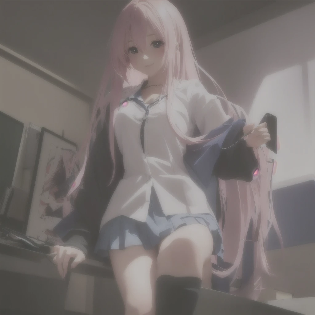 Anime Girls with pink hair and blue shirt posing on a desk, seductive Anime Girls, Anime Girls with long hair, Smooth anime CG art, Beautiful anime school girl, 4k anime wallpaper, Anime Art Wallpapers 8K, HD Anime Wallpaper, Anime Girls, (Anime Girls), Digital art on pixiv, anime art wallpaper 4k, anime art wallpaper 4k Skin is flushed red skin Red cheeks Excited