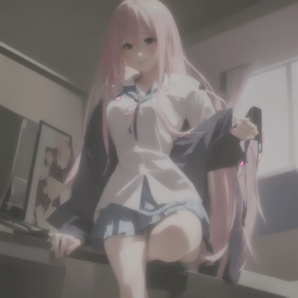 Anime Girls with pink hair and blue shirt posing on a desk, seductive Anime Girls, Anime Girls with long hair, Smooth anime CG art, Beautiful anime school girl, 4k anime wallpaper, Anime Art Wallpapers 8K, HD Anime Wallpaper, Anime Girls, (Anime Girls), Digital art on pixiv, anime art wallpaper 4k, anime art wallpaper 4k Skin is flushed red skin Red cheeks Excited