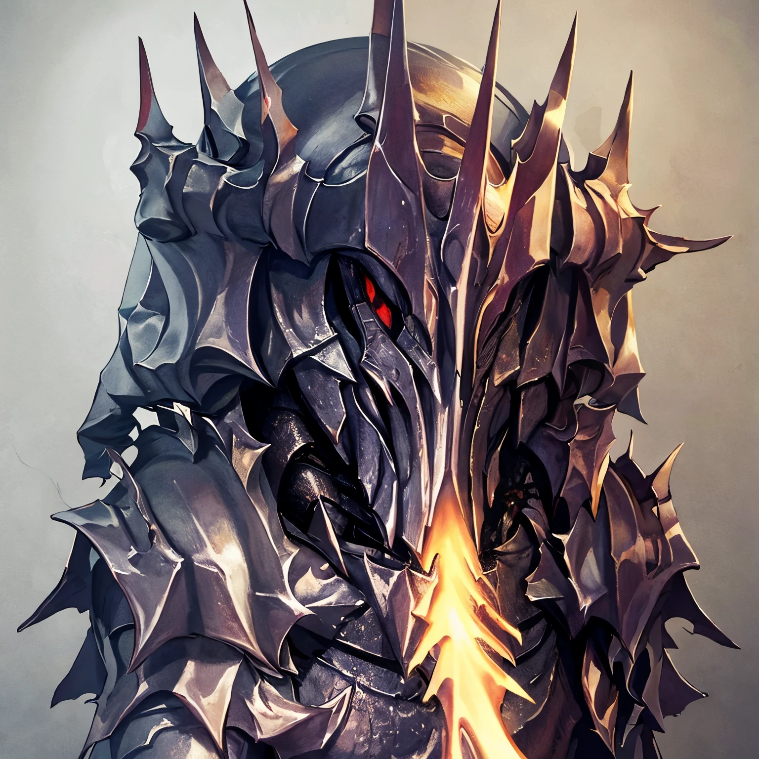 Black creepy demonic plate armor, thin body, closed helmet with crown-like spires, covered with a cloak of black doom, against the background of active volcanoes