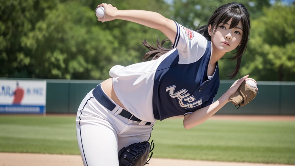 Female baseball player takes to the mound(1.5)Pitching Dynamics(1),masterpiece,Top Quality,superwide shot(1.5)(Realistically,Realistically:1.4),(RAW Photos:1.4),Very delicate CG Unity 8K wallpaper,Very delicate and beautiful,wonderful,Attention to detail,Official Art,Absurd,Incredibly ridiculous resolution,Huge file sizes,Very fine,Very sophisticated,Beautiful eyes and face,Beautiful and graceful eyes,Light on face,One person girl,Long white hair,(Pom-pom)belly button,Upper body,Baseball uniforms,He has a baseball glove on his hand, court, Bare arms, With bangs, Urzan-6500-v1.1
