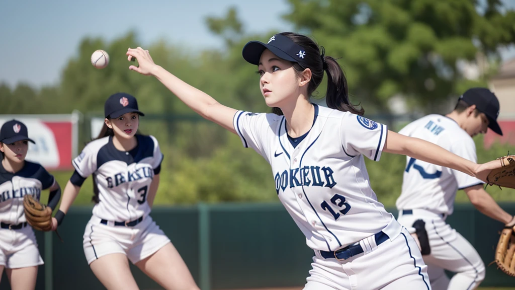 Female baseball player takes to the mound（1.5）Pitching Dynamics（1），masterpiece，Top Quality，superwide shot（1.5)（Realistically，Realistically：1.4），（RAW Photos：1.4），Very delicate CG Unity 8K wallpaper，Very delicate and beautiful，wonderful，Attention to detail，Official Art，Absurd，Incredibly ridiculous resolution，Huge file sizes，Very fine，Very sophisticated，Beautiful eyes and face，Beautiful and graceful eyes，Light on face，One person girl，Long white hair，（Pom-pom）belly button，Upper body，Baseball uniforms，He has a baseball glove on his hand， court， Bare arms， With bangs， Urzan-6500-v1.1